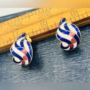 Vintage cloisonné clip on earrings blue white pink striped unique 1990s